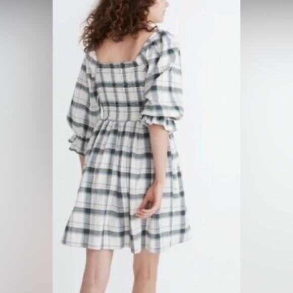 EUC Madewell Lucie Elbow Sleeve Smocked Mini Dress Lebaum Plaid Cotton Small - Picture 2 of 15